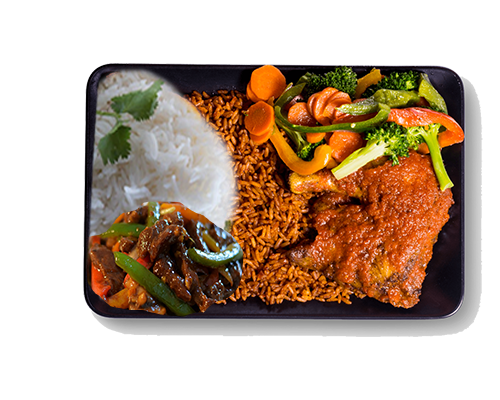 Jollof and Plain Rice with Chicken Beef Sauce