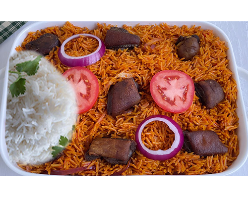 Jollof and Plain Rice with Spicy Goat