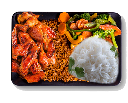 Jollof and Plain Rice with spicy wings
